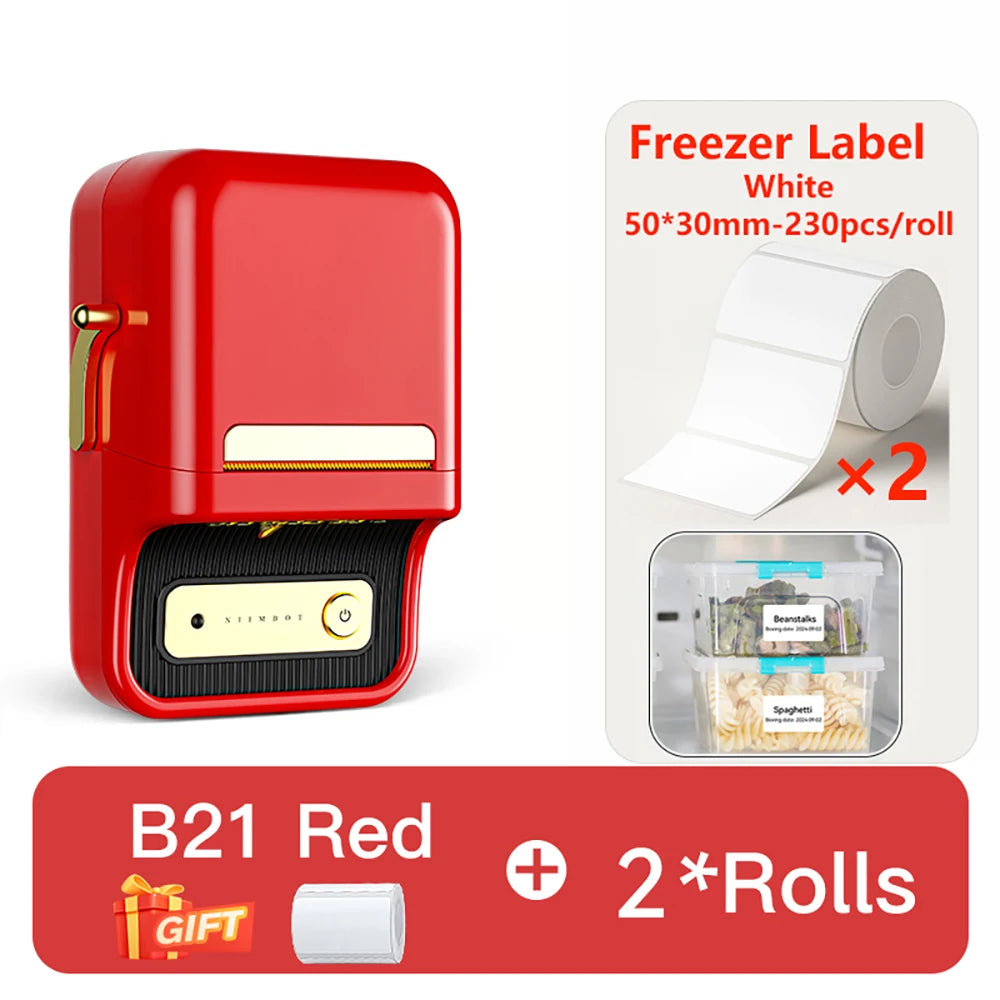 B21 Kitchen Label Printer, Bluetooth Wireless Thermal Label Maker 20–50mm, Inkless Freezer Sticker Printer for Home & Food Storage