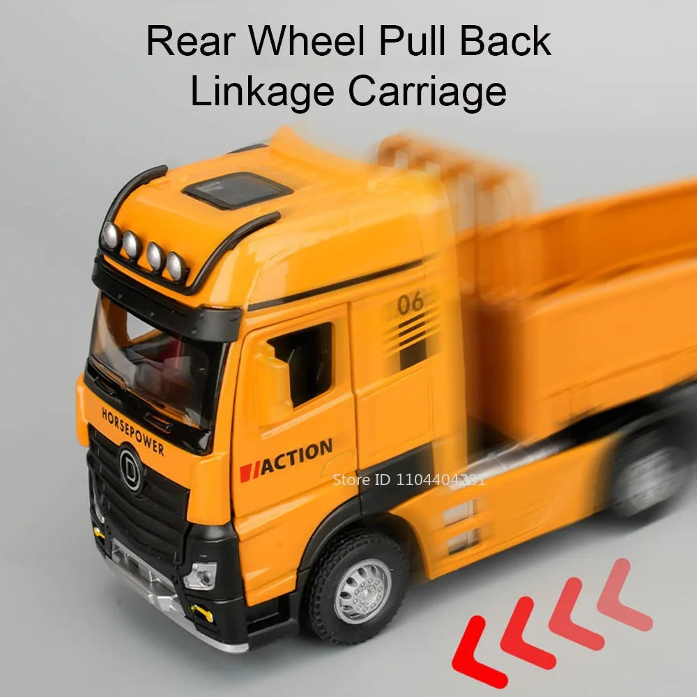 1:32 Roadblock Transport Truck Flatbed Trailer Model Toys Diecast Alloy Car Doors Opened Sound Light Pull Back Vehice Boy's Puzz