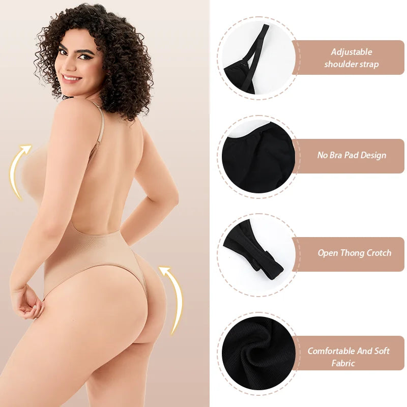 Seamless Thong Bodysuit Shapewear for Women – Tummy Control & Backless Design