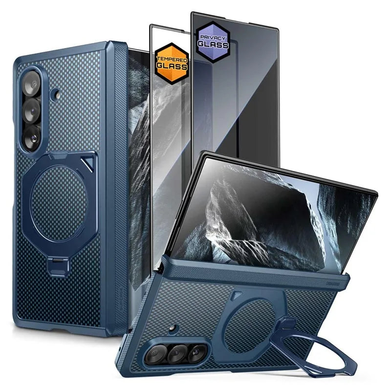 Full Body Rugged Phone Case with Magnetic Rotating Stand and Two Screen Protectors for Samsung Galaxy Z Fold 7 and Z Fold 8 Ultra