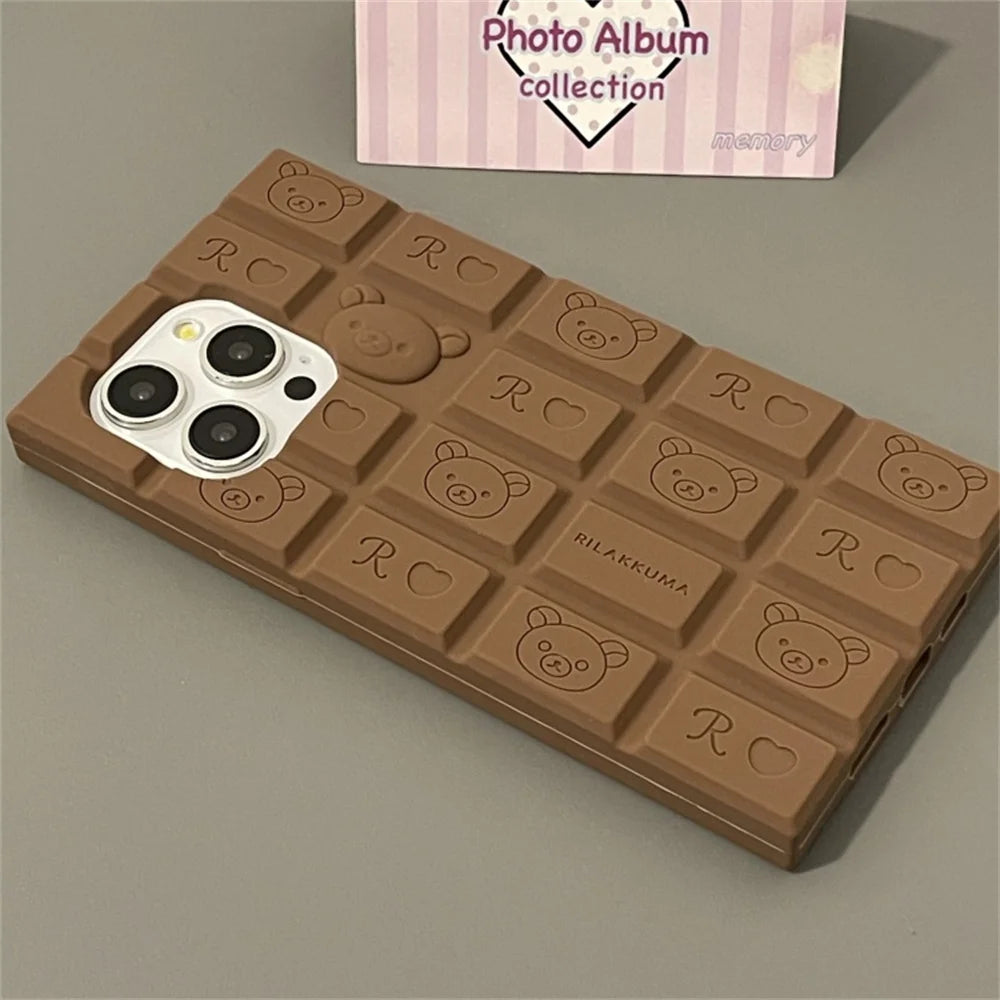 Cute Creative 3D Cartoon Bear Chocolat  Phone Case For iPhone 16 15 14 13 Pro Max Plus Funny Gift Girl Soft Silicone Covere