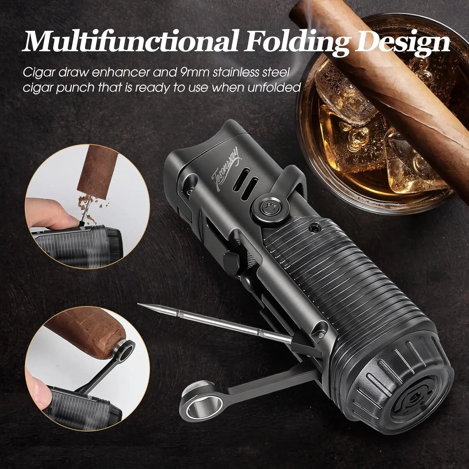 Cigar Lighter, Windproof Refillable Butane Lighter, Multifunction Cigar Accessories with Holder, Cigar Draw Enhancer and Punch