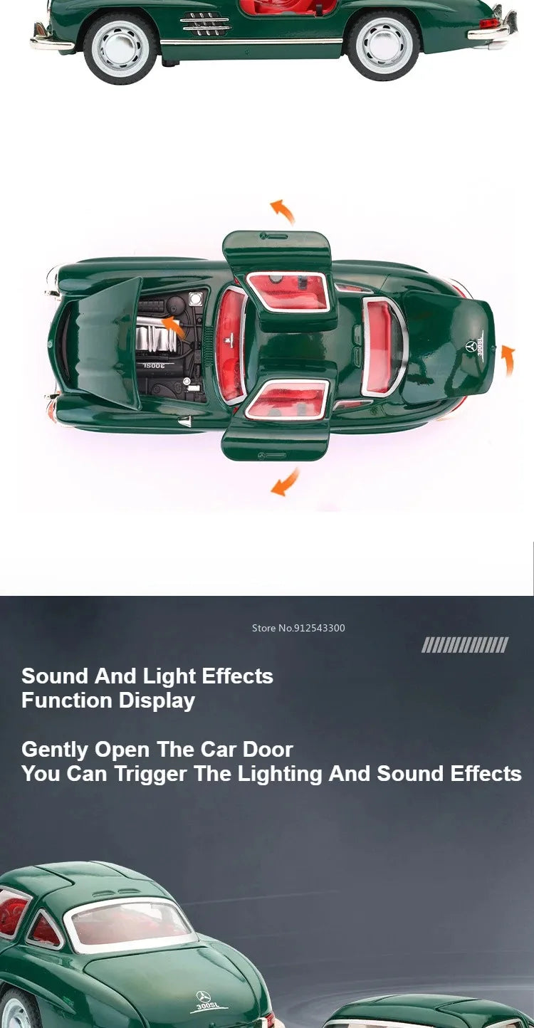 1:32 500K 300SL Vintage Car Model Toy Shock Absorption Alloy Diecast Vehicle Models Sound Light Pull Back Collection Gifts
