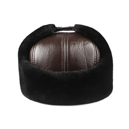 Outdoor Winter Warm Ear Protection Bomber Hat Man Genuine Leather Faux Fur Military Cap Inside Black Brown 55-60cm  Gorras