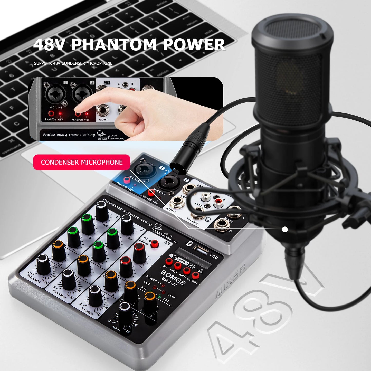 Professional 4 Channel Audio Mixer with USB Bluetooth Echo Delay and 48V Phantom Power
