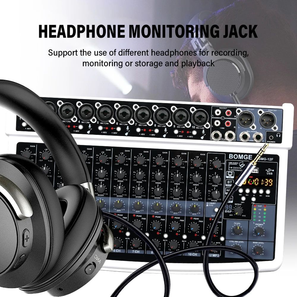 12 Channel Professional Audio Mixer with Bluetooth USB 99 DSP Effects and 48V Phantom Power