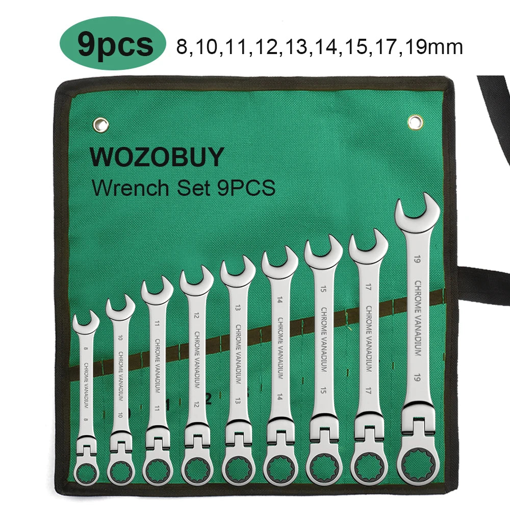 Metric Ratchet Spanner Wrench Set 8–22mm Flex Head 72-Tooth Gear Ring Combination Wrench Kit with Canvas Storage Bag