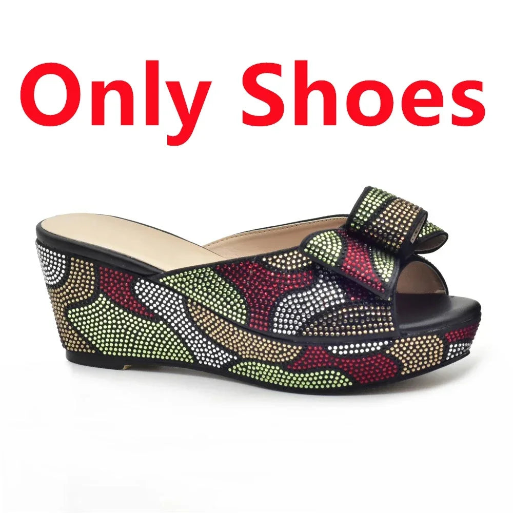 Design Italian Shoes and Bags Matching Set Decorate with Rhinestone Wedges Shoes for Women Luxury Round Toe Platform Shoes