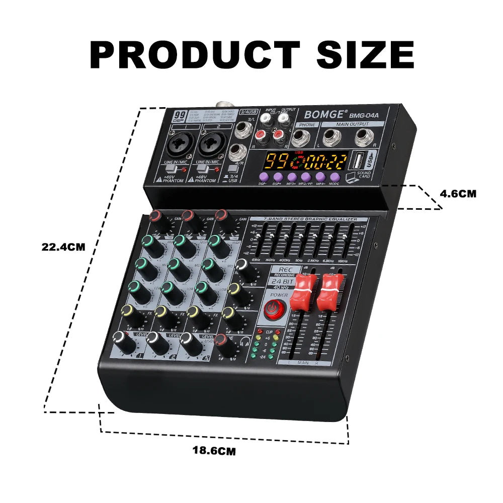 4 Channel Audio Mixing Console with 99 Band EQ USB Recording and Bluetooth