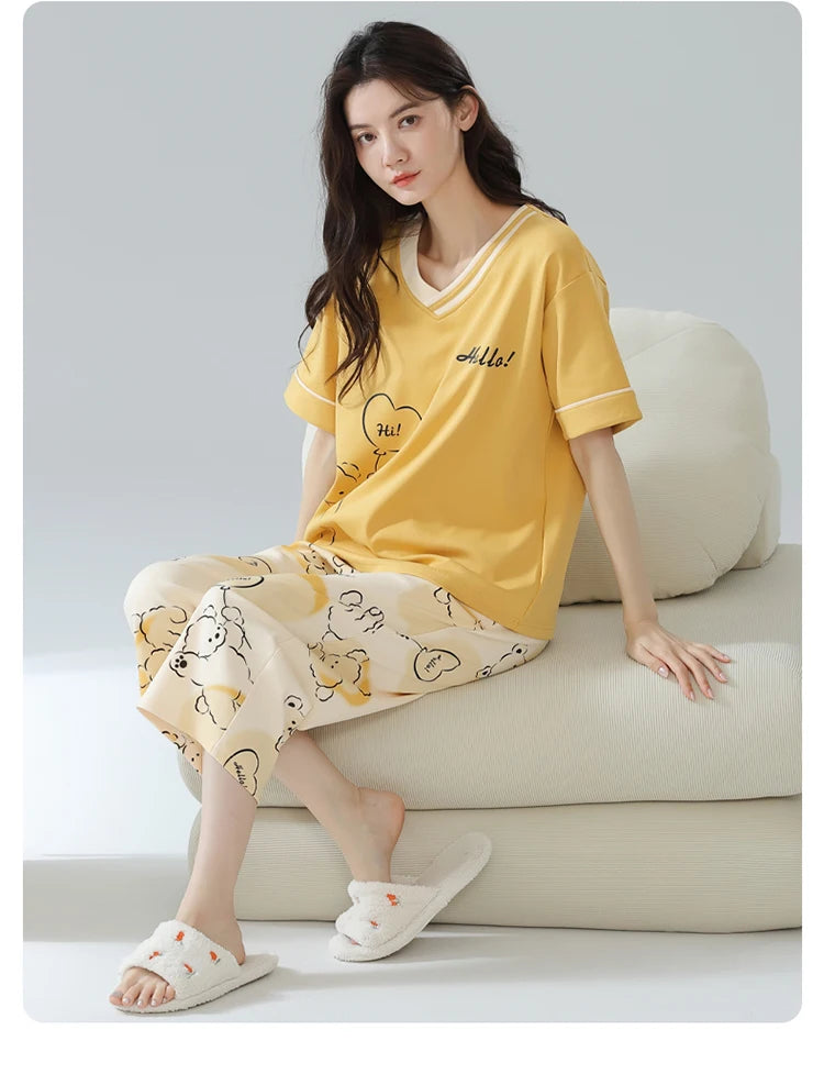 2-Pcs Women’s Summer Cotton Pajama Set – Breathable Short Sleeve Sleepwear with Cute Prints