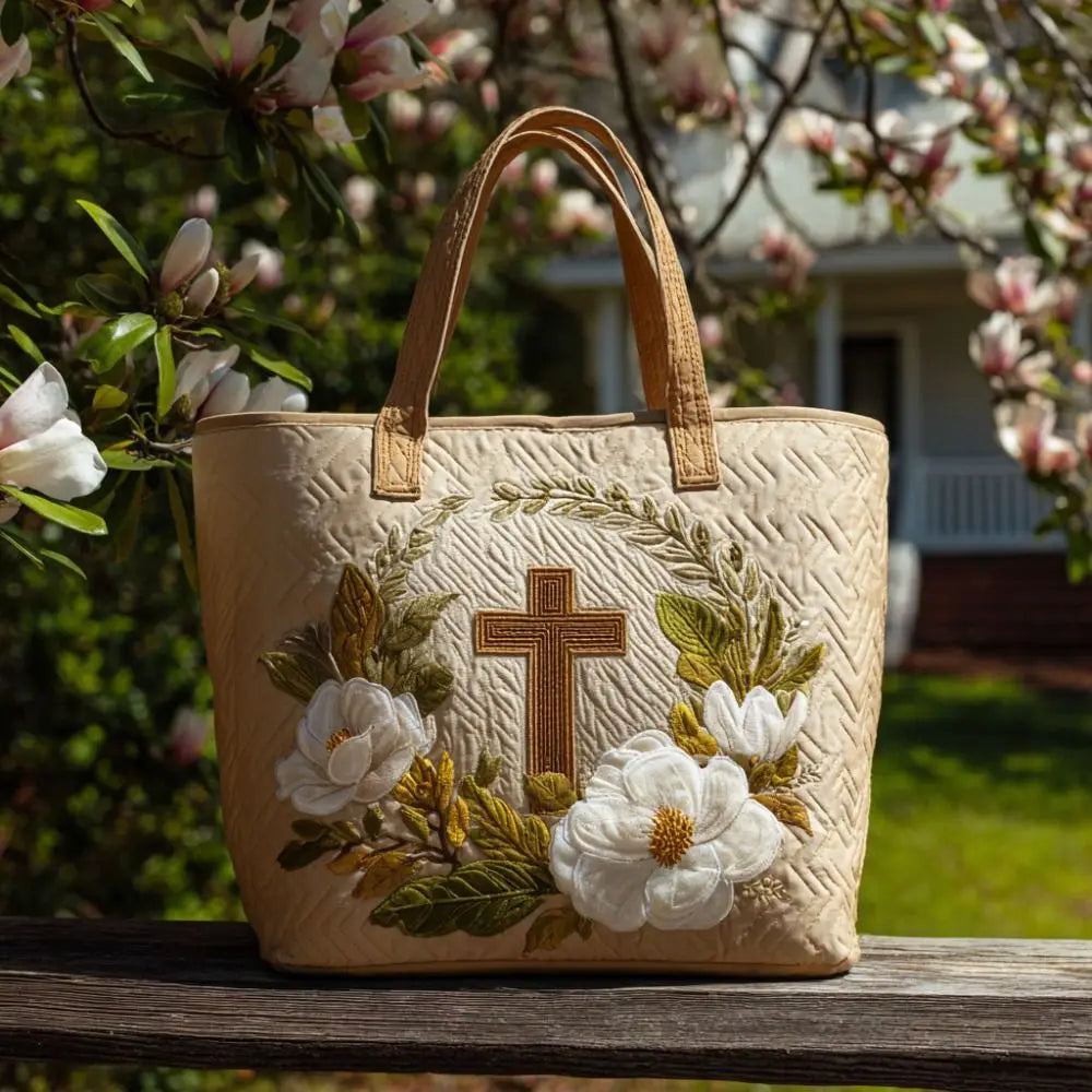 Cat Print Quilted Tote Bag Large Capacity Floral Shoulder Handbag