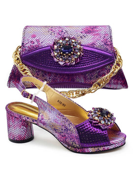Purple Shoe and Bag Set for Party in Women  African Shoe and Bags Set for Party Elegant Rhinestone Wedding Shoes Bride