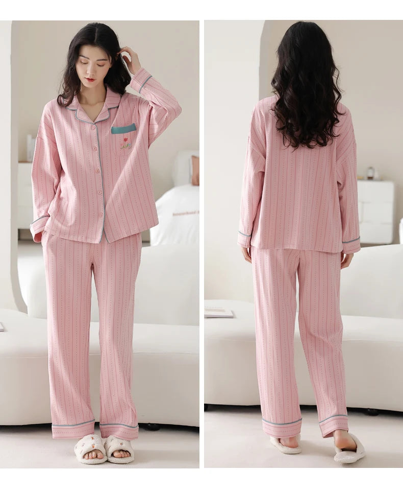 Women’s Winter 100% Cotton Pajama Set – Loose Fit, Turn-Down Collar, Long Sleeves, Cute Pink