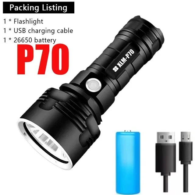 P70 LED Flashlight High Power USB Rechargeable Torch 26650 Battery Waterproof Outdoor Camping Light