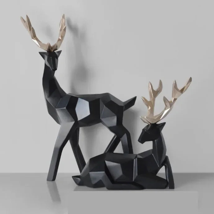 A Couple of 2Pcs Deer Statue Modern Geometric Sculpture Desktop Ornament Figurine Wine Cabinet Cafe TV Showcase Decor