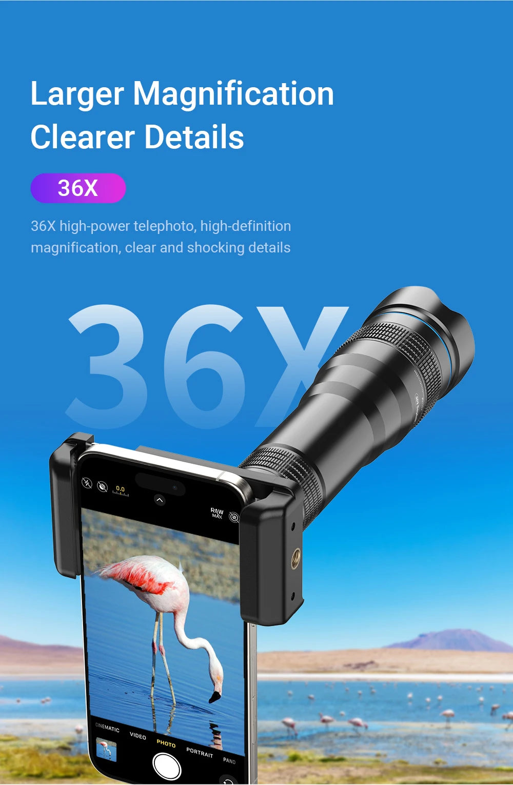 36X Smartphone Telephoto Monocular Lens with Universal Clip