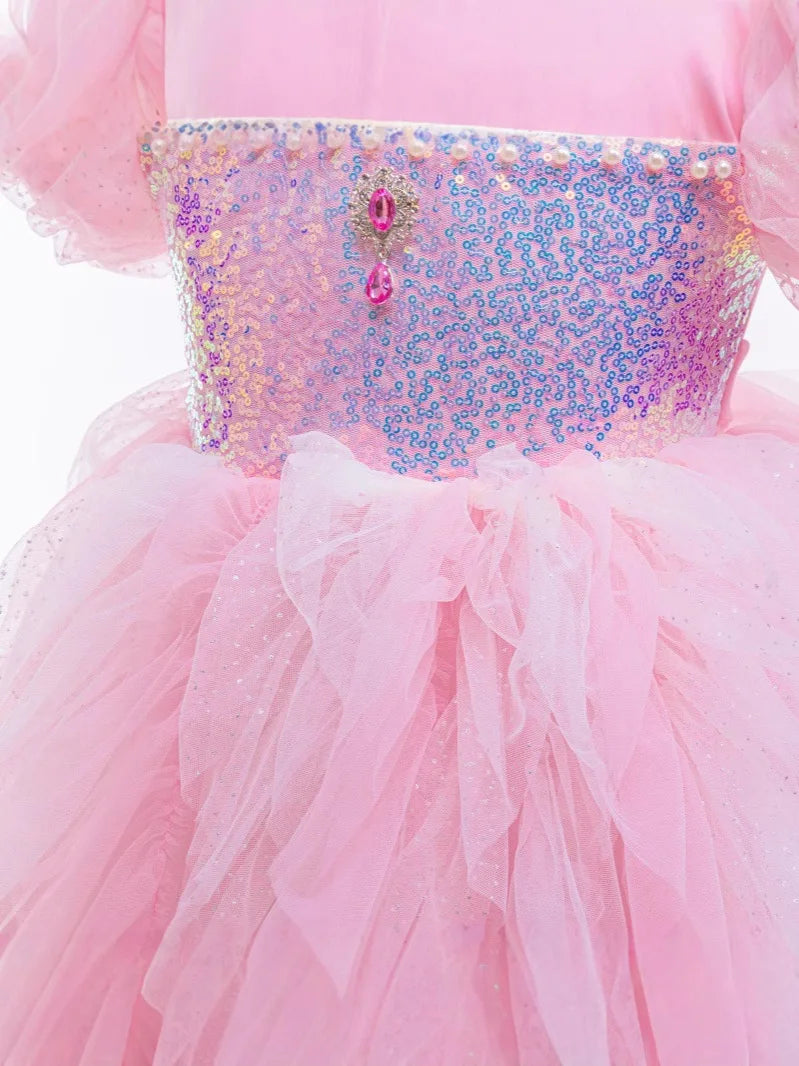Summer Dress Girls Sparkling Tulle Gown with Bubble Sleeves | Birthday & Children‘s Day Party Princess Costume