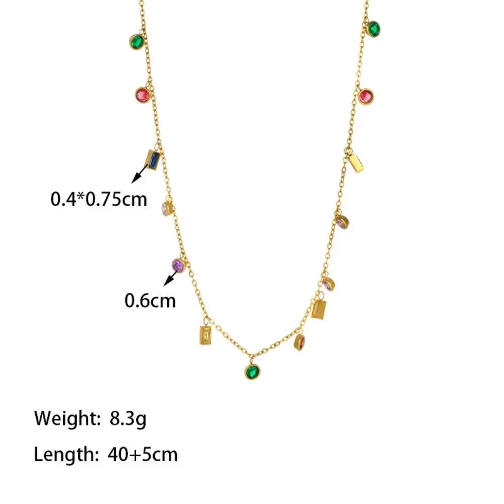 Colored Zircon Square Crystal Tassel Necklace Gold Plated Choker Titanium Steel Bracelet 45 CM