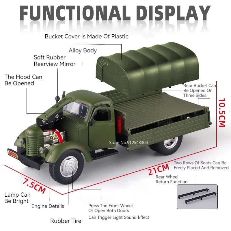 1:24 CA10 Vintage Truck Armored Car Model Toy Alloy Diecast Military Carrier Transport Vehicles Models Sound Light s Gifts