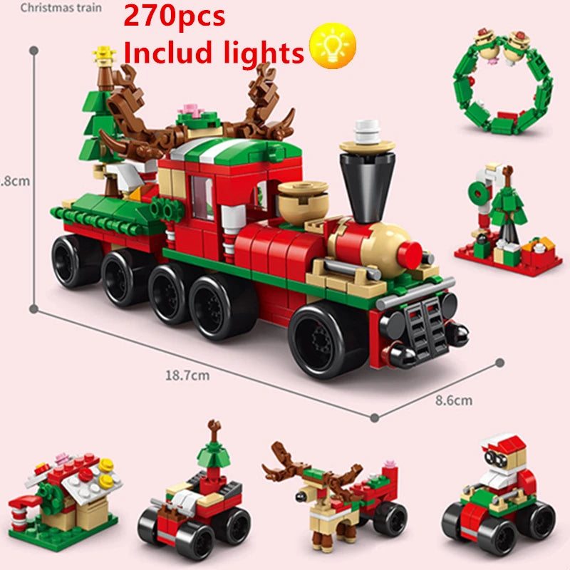 DIY 8in1 Lights Christmas Elk Deer Santa Claus Train Architecture Store Street View Xmas Tree Snow House Building Block Kit Toy