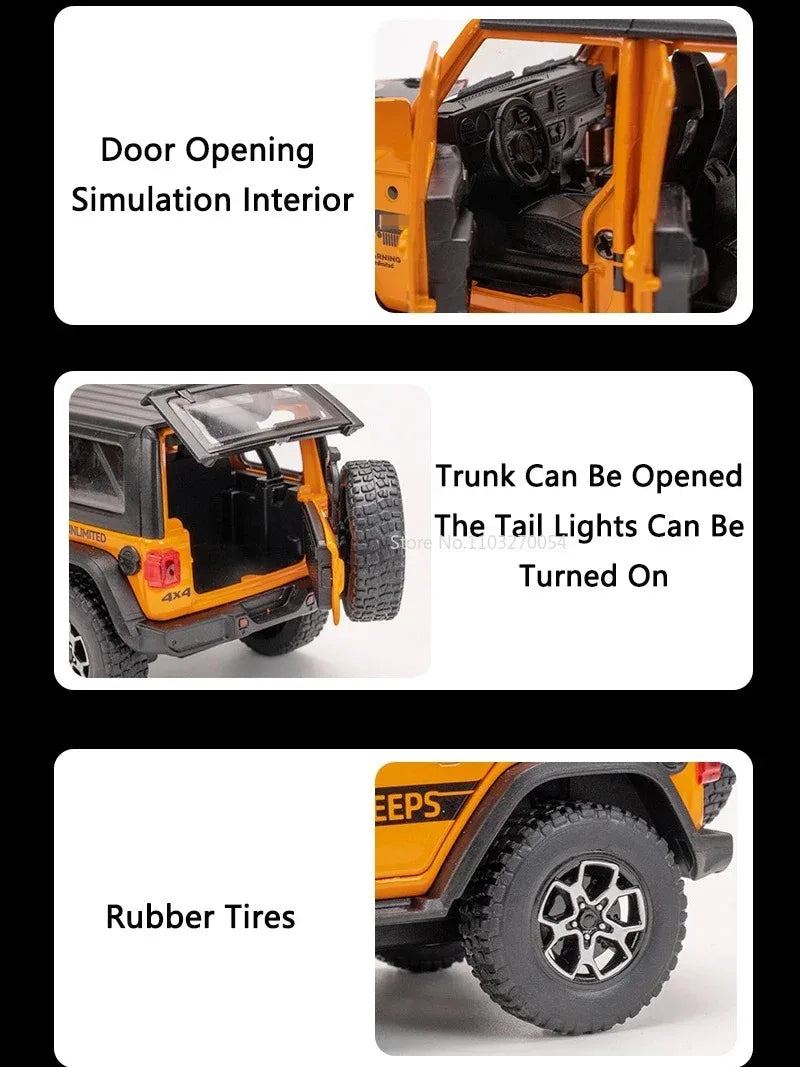 1:32 Wrangler Rubicon Model Toy Alloy Diecast Car Doors Opened Sound Light Pull Back Miniature Off-road Vehicle  Holiday Gift