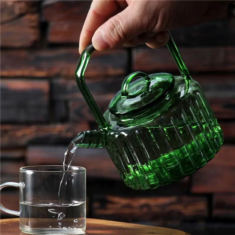 Green Bamboo Shape Glass Teapot with Built In Filter