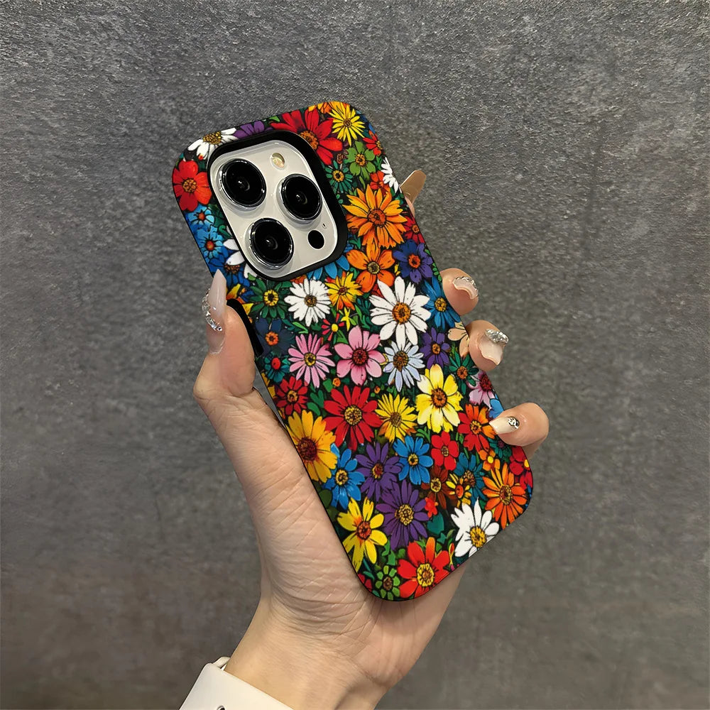 Art Drawing Flower Printed Daisy Phone Case for iPhone 16 15 13 14 Pro Max 16 15 Plus 2 in 1 Hard Protection Cover