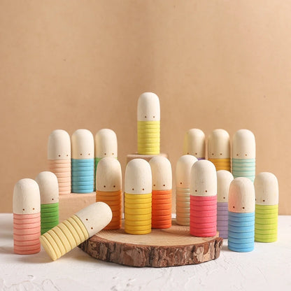 Children Wooden Thumb Figure Set Puzzle Toy Mini Doll Round and Pointed Head Villain for Kids Montessori Colourful Wooden Sticks