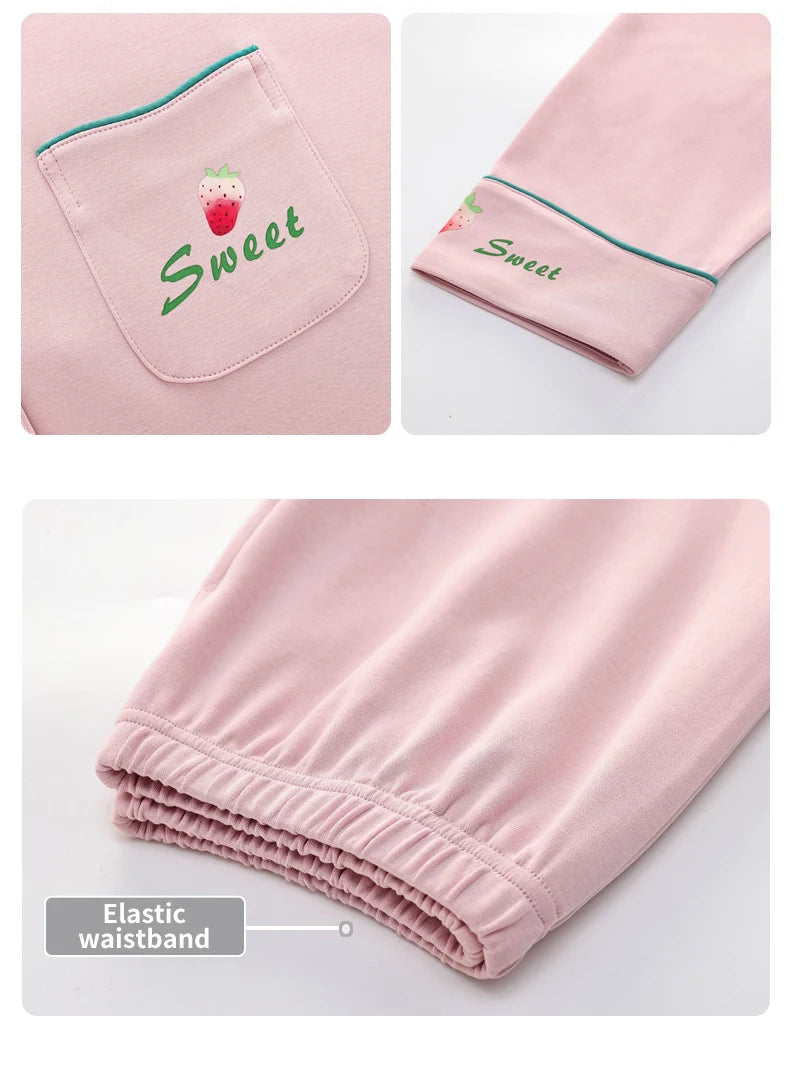 Women’s Winter 100% Cotton Pajama Set – Loose Fit, Turn-Down Collar, Long Sleeves, Cute Pink