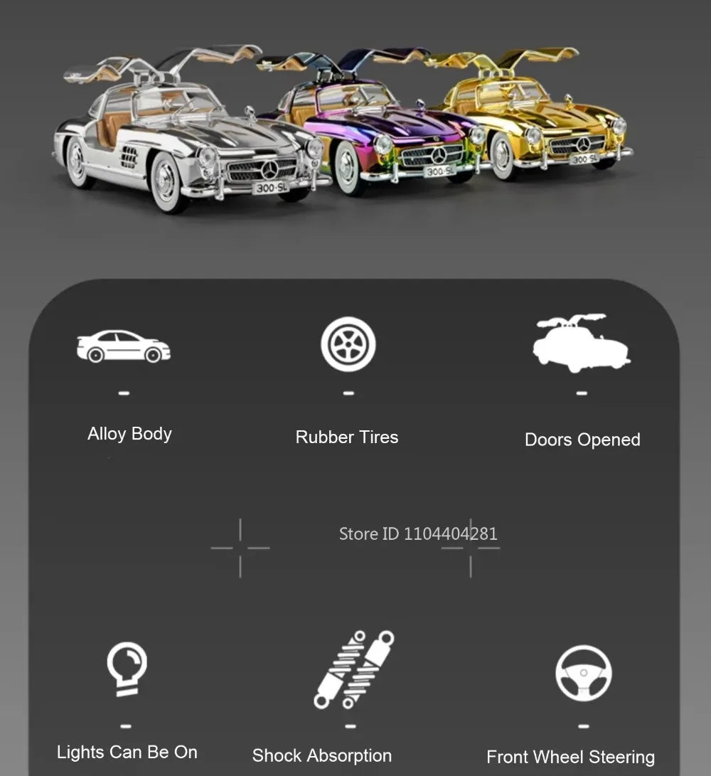 1:24 Phantom 300SL Alloy Diecast Vintage Car Miniature Model Toys Sound Light Pull Back Doors Opened Ornament s Festival Gift