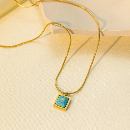 Retro Square Titanium Steel Turquoise Pendant Necklace For Women Girl Ethnic Style Personality Necklace 45 cm