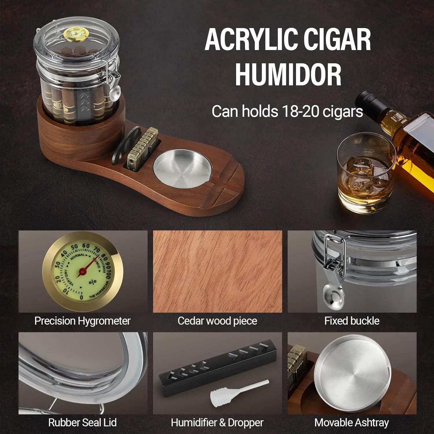 Cigar Humidor, Solid Wood Cigar Ashtray & Acrylic Cigar Jar Kit with Cigar Cutter, Humidifier and Dropper, Holds 18-20 Cigars