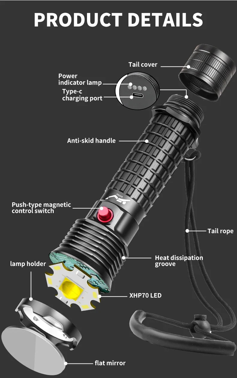 Rechargeable Diving Flashlight IPX8 Waterproof Underwater LED Torch Strong Light Dive Lamp
