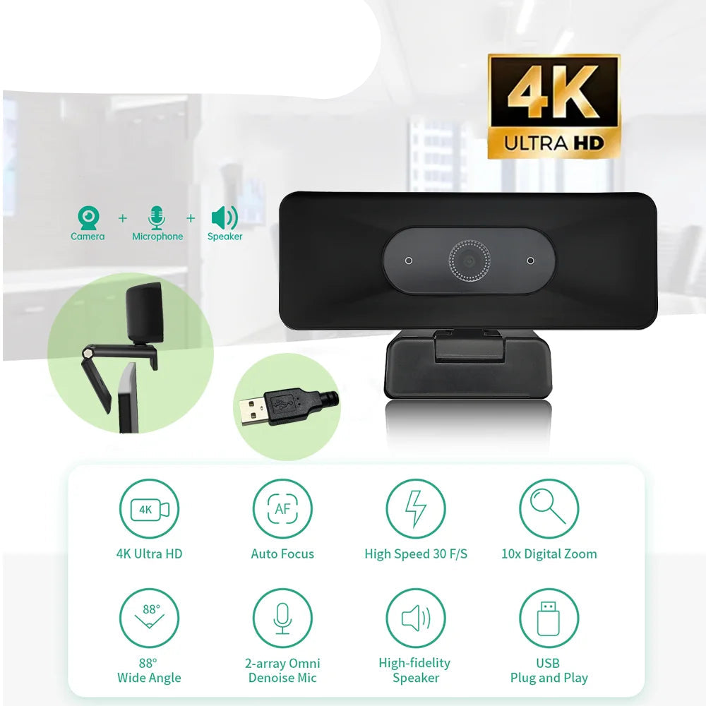 4K UHD Webcam 10X Zoom Web Cam for Pc 13MP Autofocus USB Camera with Microphone for Laptop Online Teaching Video Conference
