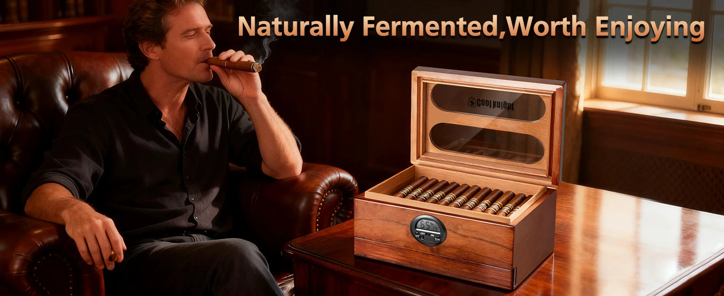 Cigar Humidor with Digital Hygrometer, Humidifier and Accessory Drawers, Glass Top Spanish Cedar Humidor, Holds 20-35 Cigars