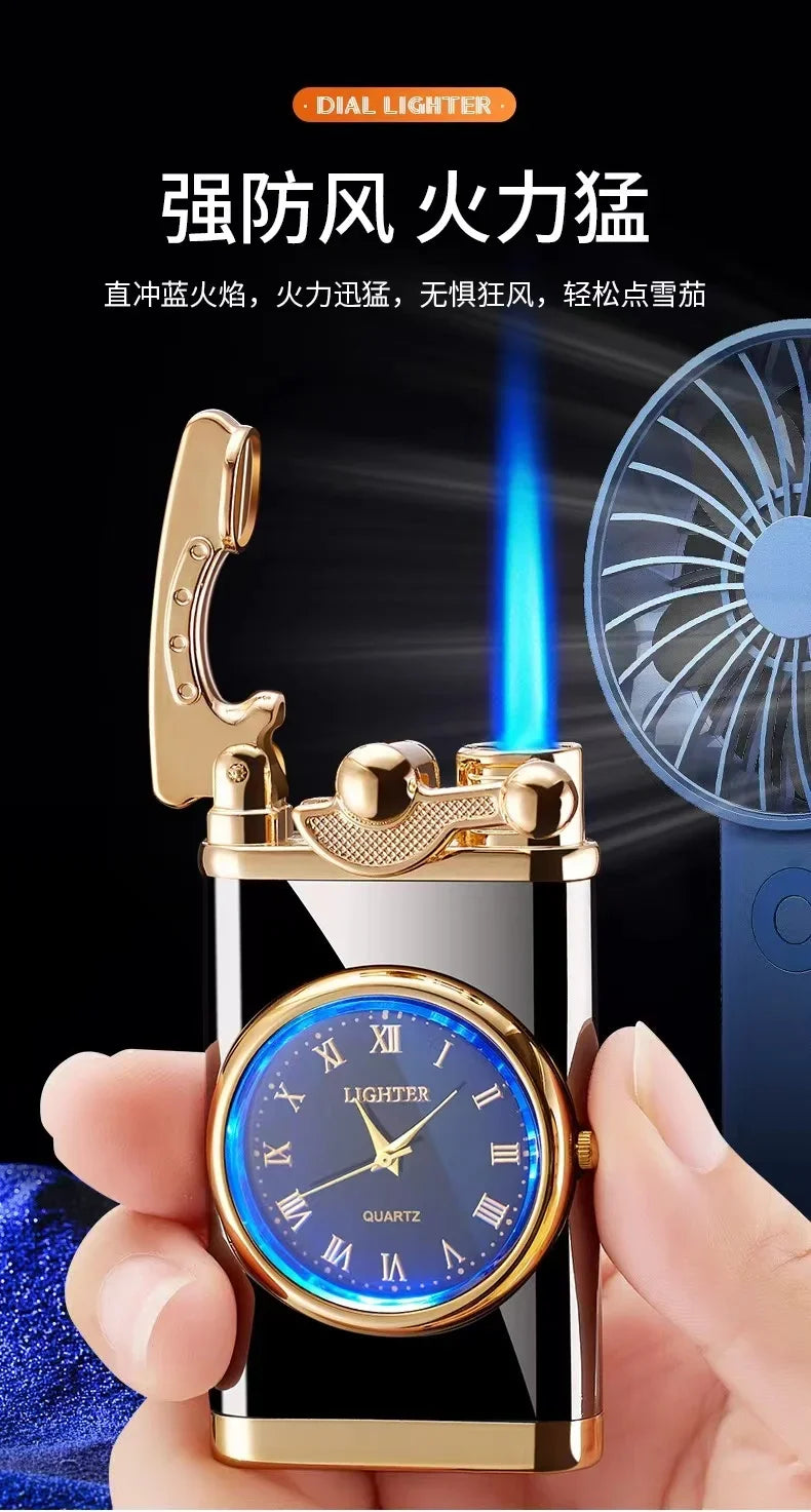 Rocker Arm Dial Metal Gas Lighters Jet, Butane Torch, Real Watch Lighter, Cigarette Cigar Lighter, Smoking Gadgets for Men