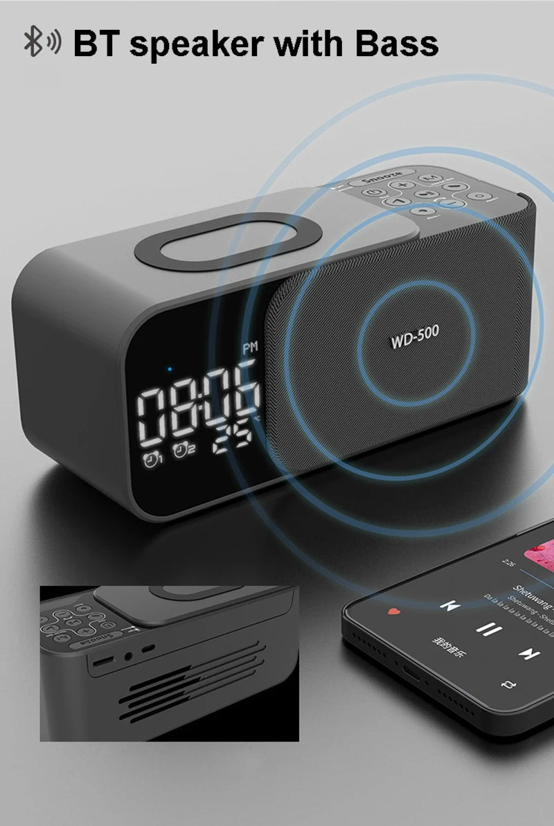 15W wireless charging Dual alarm clock home Bluetooth speaker with night light Bluetooth subwoofer temperature display FM/TF/AUX