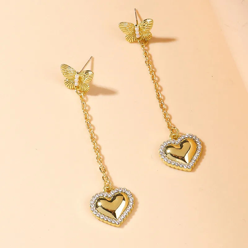 Korean Crystal Heart Earrings Pearl Butterfly Long Dangle Earring Trendy Jewelry