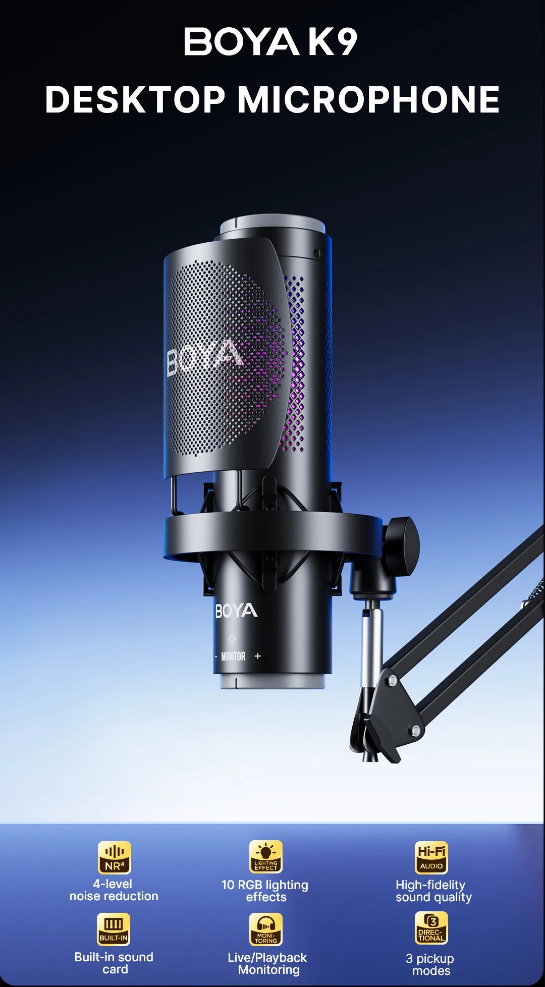 K9 USB Condenser Microphone with RGB Control/Headphone jack/Mute,MIC for PC PS4 PS5 Mac Gaming AmpliGame Youtueb Recording