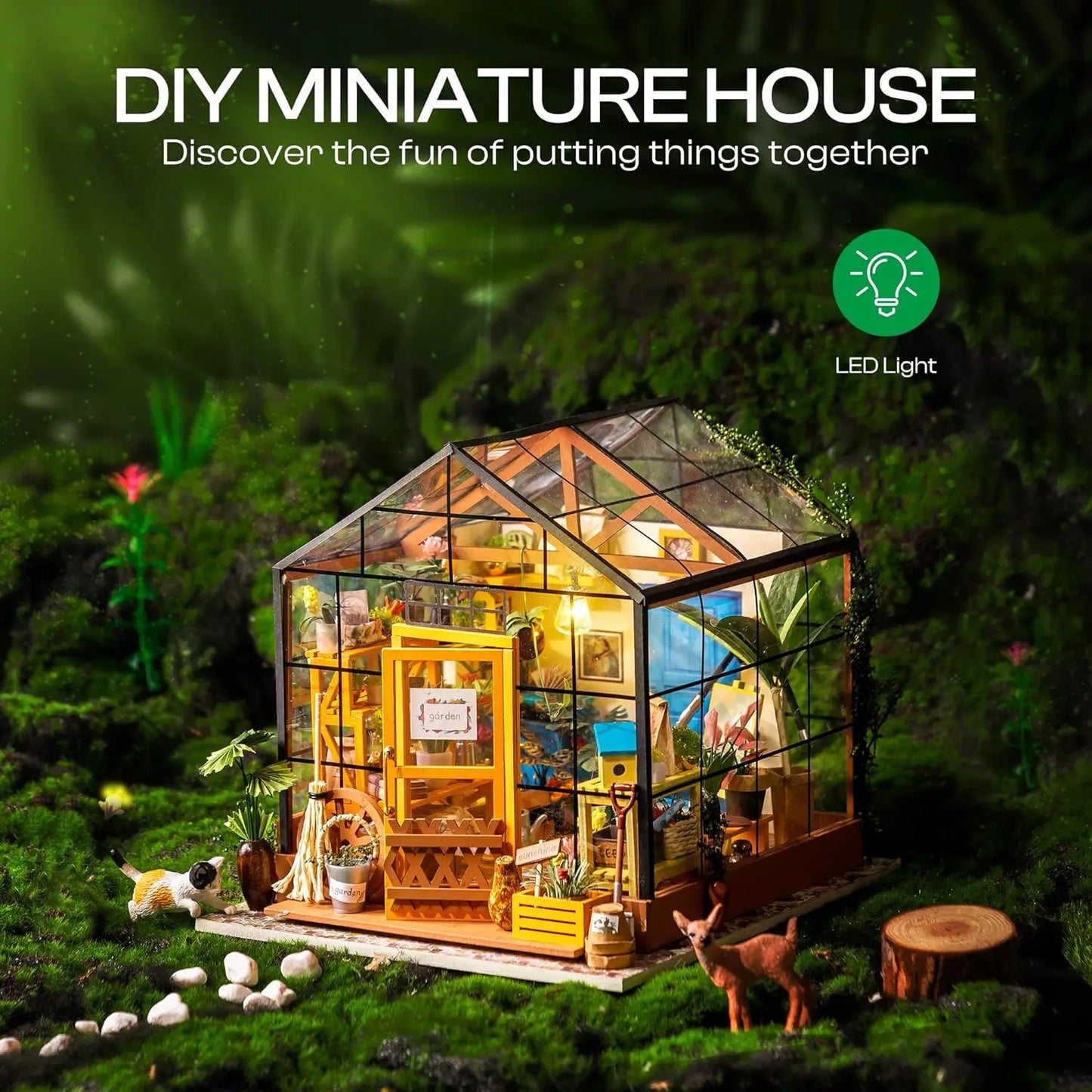 Mini Green House Cathy's Flower House DIY Dollhouse Wooden Miniature Furniture Kit with LED