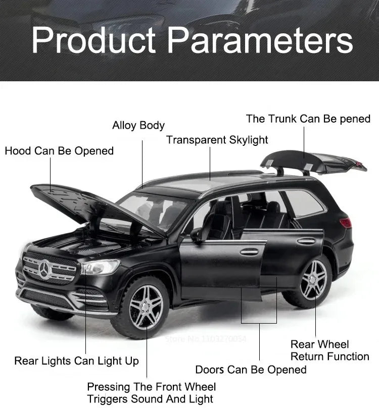 Scale 1:32 500k GLS580 Classic Car Model Toy Doors Opened Alloy Body Rubber Tire Vehicle Sound Light Models Collection Boys Gift