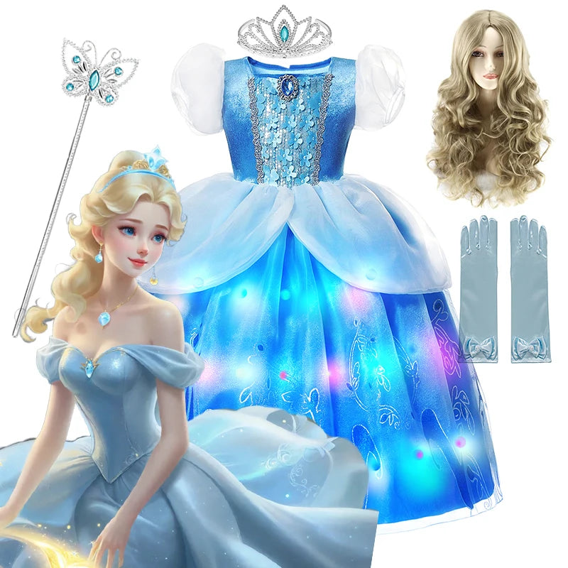 LED Light Up Girls Disney Cinderella Princess Cosplay Dress Kids Ball Gown Sequin Carnival Mesh Clothing for Birthday Christmas