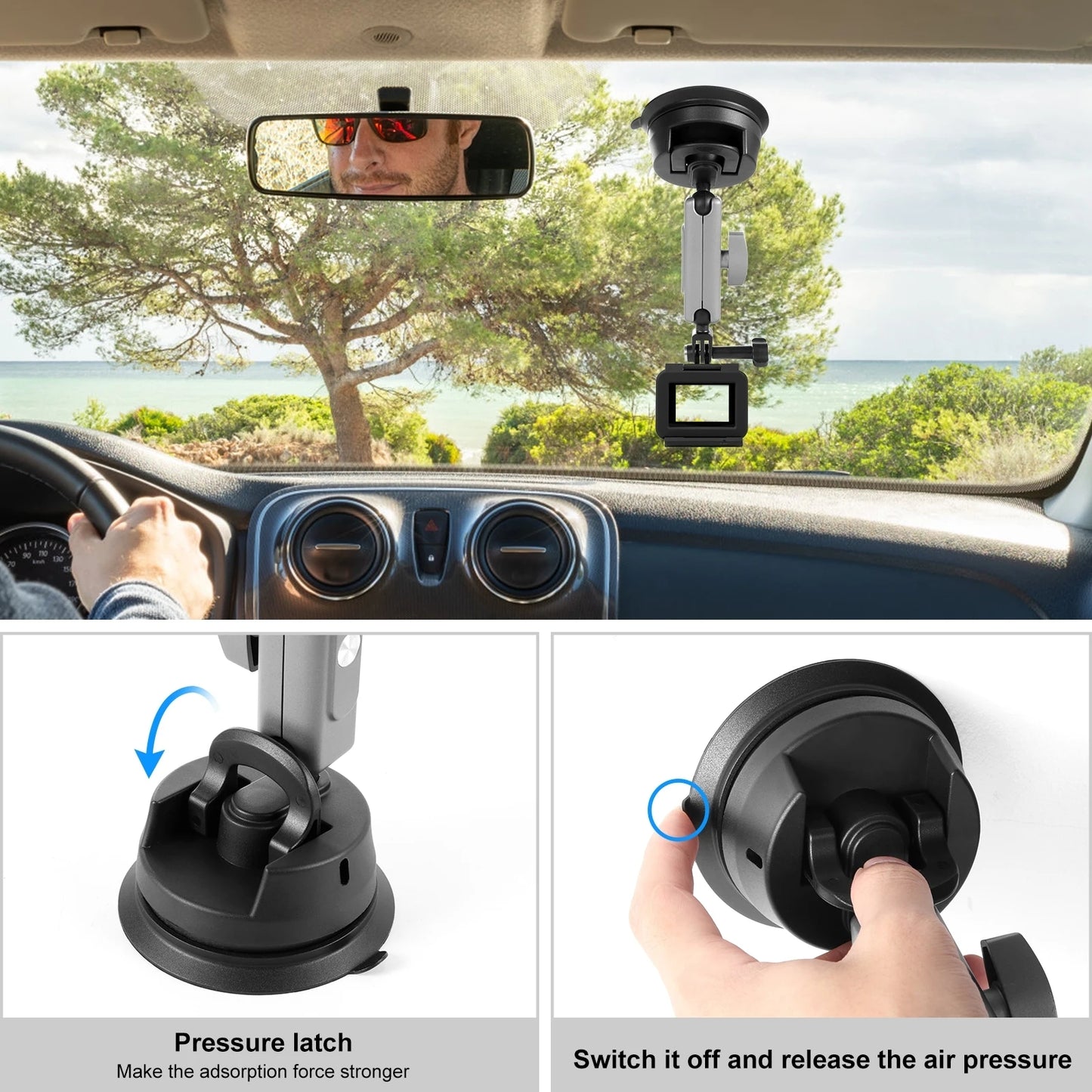 Car Suction Cup Arm Mount with Mount Adapter & Long Screw for Gopro / DJI / Insta360 X3 and other Sports Action Camera