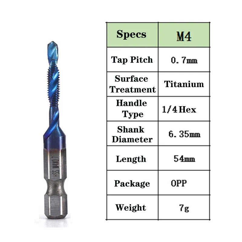 1pcs Hex Shank Titanium Plated HSS Screw Thread Metric Tap Drill Bits Screw Machine Compound Tap M3 M4 M5 M6 M8 M10 Hand Tools