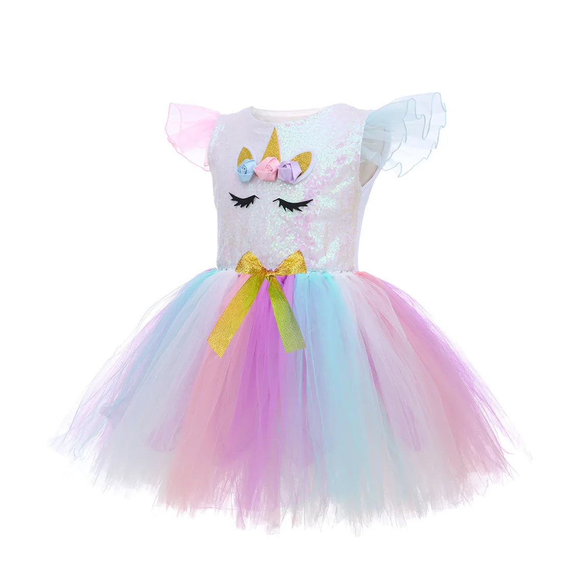 Unicorn Princess Tutu Dress with Flutter Sleeves and Sequin Tulle