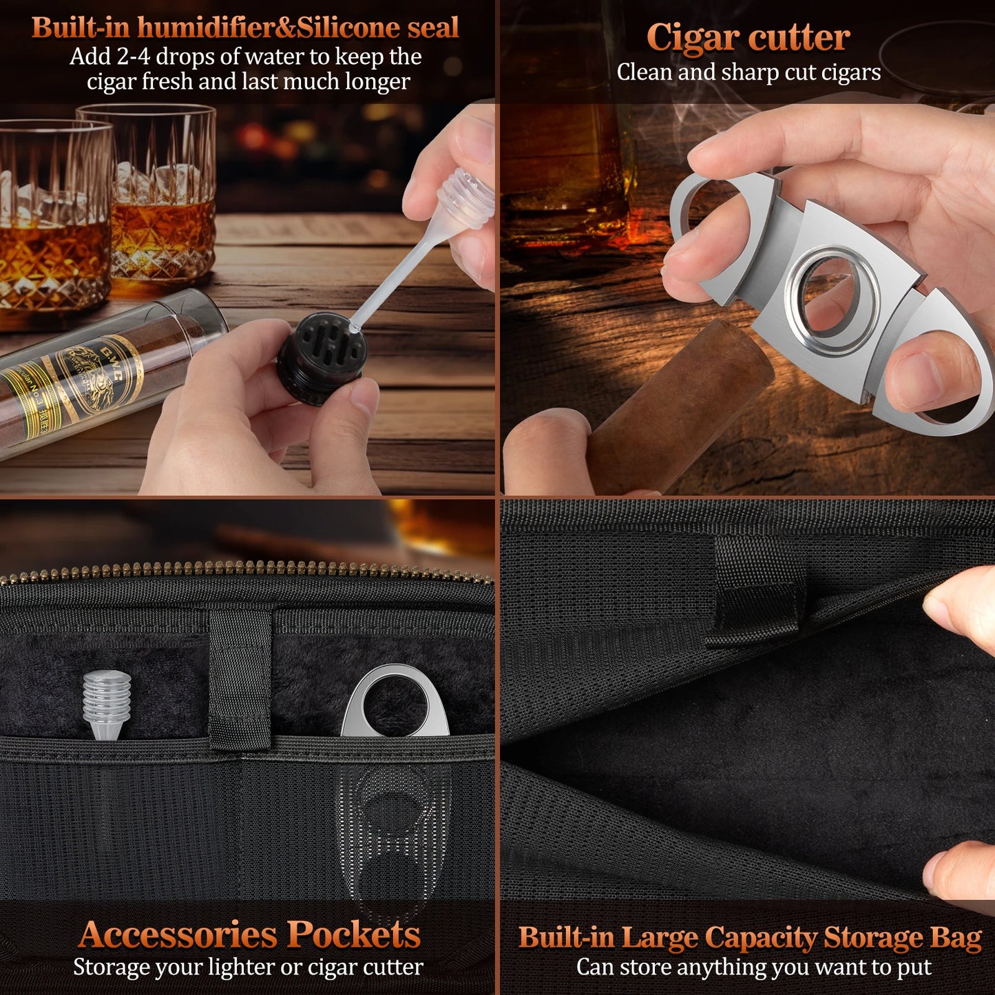 Leather Travel Cigar Humidor with 4 Cigar Tube and Cigar Cutter,Cigar Accessories Gift Set for Men,Lighter not included