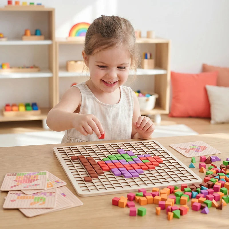 Wooden Pixel Mosaic Pattern Blocks Puzzle Game