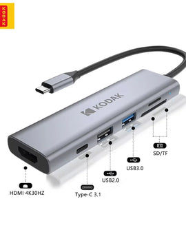 Kodak 6 In 1 USB C HUB 4K 30Hz to HDMI PD Multi Splitter Type-C Adapter for Macbook USB3.0 HUB SD Card Reader Multi Converter