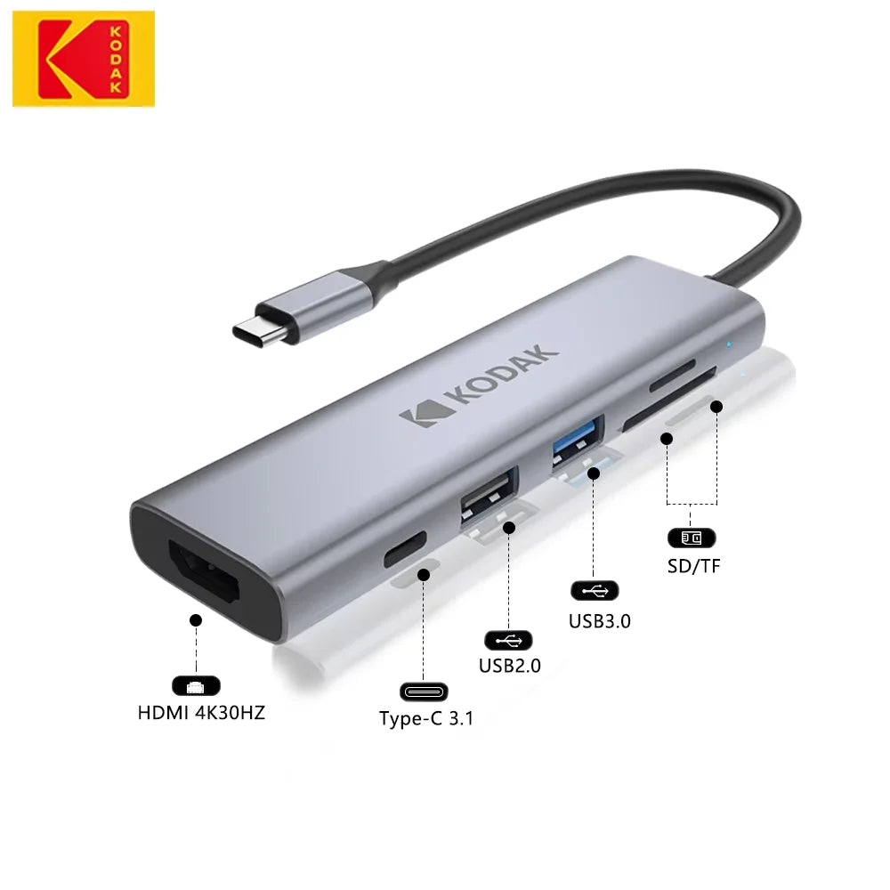 Kodak 6 In 1 USB C HUB 4K 30Hz to HDMI PD Multi Splitter Type-C Adapter for Macbook USB3.0 HUB SD Card Reader Multi Converter