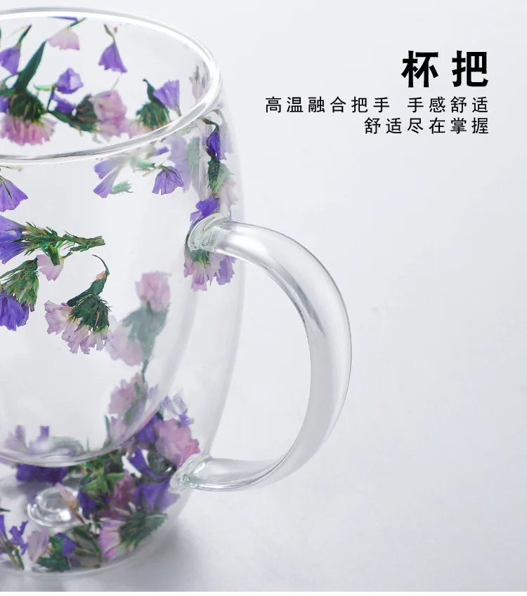 Double Wall Glass Coffee Mugs Double Insulated Glass Cup 350ml Flower Design